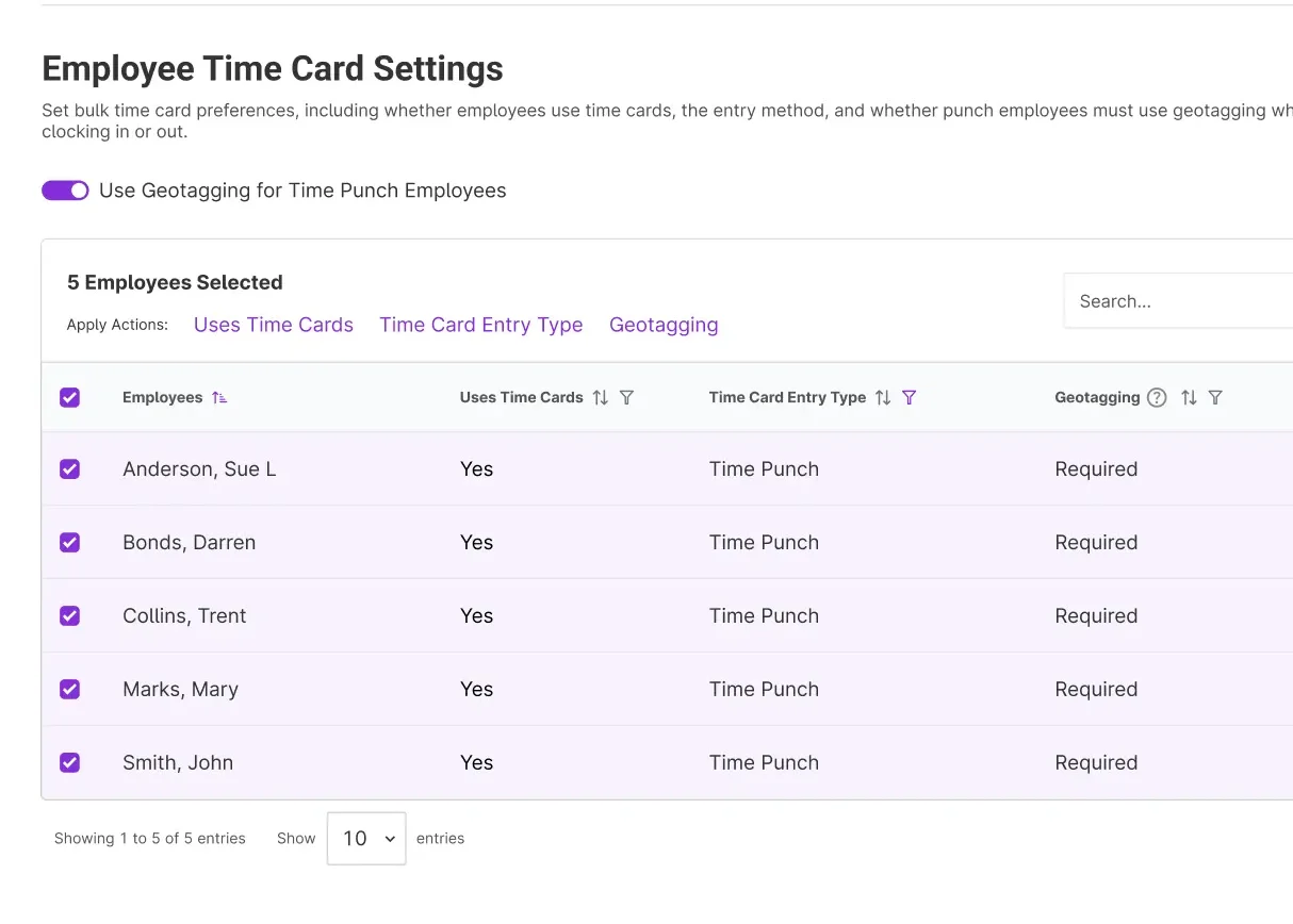 employee time card settings in Patriot